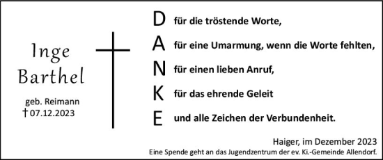 Traueranzeige von Inge Barthel von Dill Block