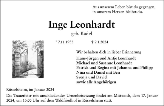 Traueranzeige von Inge Leonhardt von Rüsselsheimer Echo