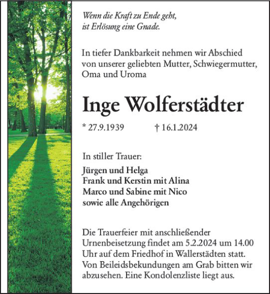 Traueranzeige von Inge Wolferstädter von Groß-Gerauer Echo