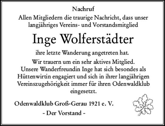 Traueranzeige von Inge Wolferstädter von Groß-Gerauer Echo