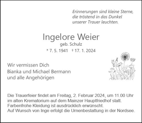Traueranzeige von Ingelore Weier von Allgemeine Zeitung Mainz