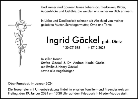 Traueranzeige von Ingrid Göckel von Darmstädter Echo