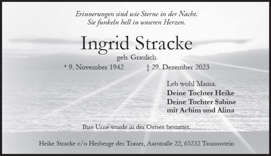 Traueranzeige von Ingrid Stracke von Wiesbadener Kurier