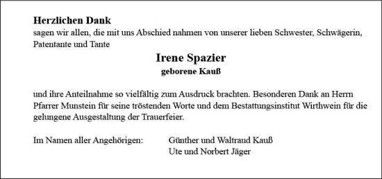 Traueranzeige von Irene Spazier von Groß-Gerauer Echo