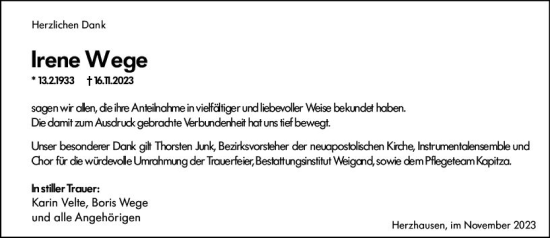Traueranzeige von Irene Wege von Hinterländer Anzeiger
