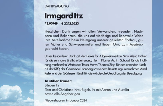 Traueranzeige von Irmgard Itz von Weilburger Tageblatt