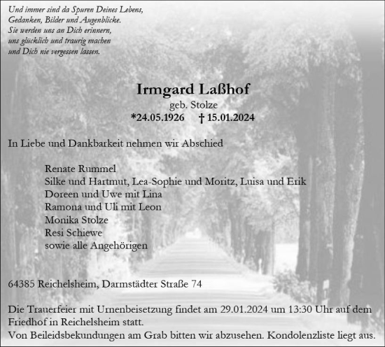 Traueranzeige von Irmgard Laßhof von Odenwälder Echo