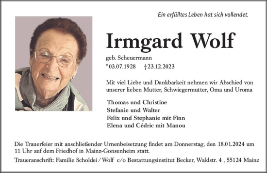 Traueranzeige von Irmgard Wolf von Allgemeine Zeitung Mainz