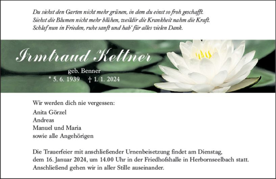 Traueranzeige von Irmtraud Kettner von Dill Block