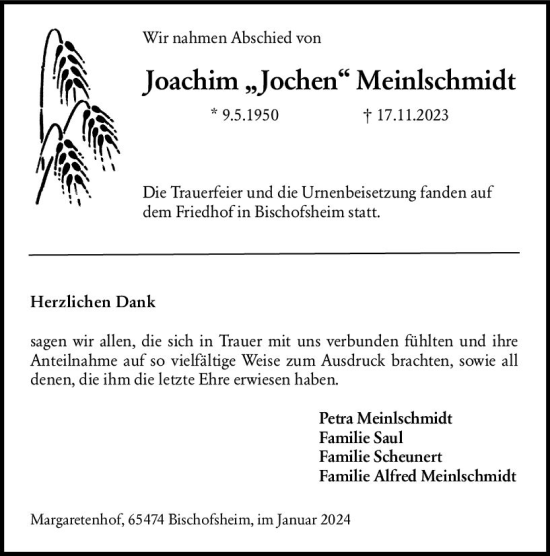 Traueranzeige von Joachim  Meinlschmidt von Rüsselsheimer Echo