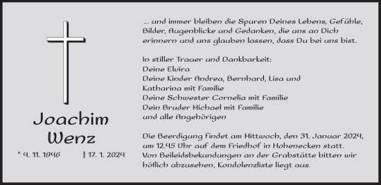 Traueranzeige von Joachim Wenz von Allgemeine Zeitung Bad Kreuznach