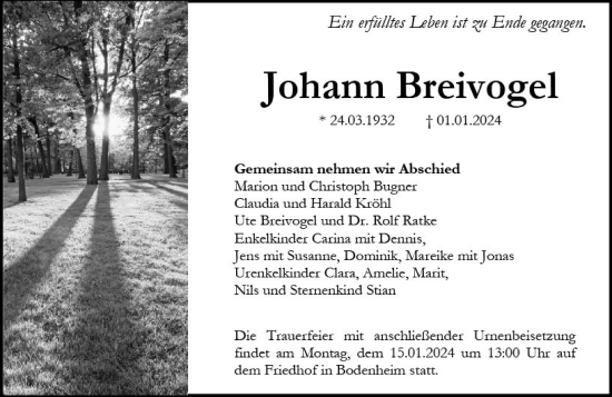 Traueranzeige von Johann Breivogel von Allgemeine Zeitung Alzey