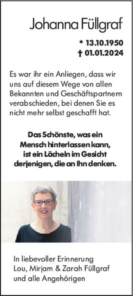 Traueranzeige von Johanna Füllgrof von Wiesbadener Kurier