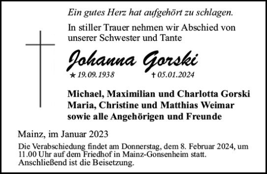 Traueranzeige von Johanna Gorski von Wiesbadener Kurier