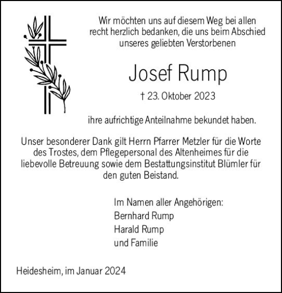 Traueranzeige von Josef Rump von Allgemeine Zeitung Bingen/Ingelheim