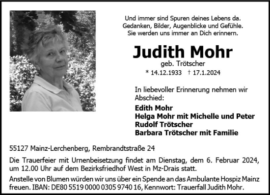 Traueranzeige von Judith Mohr von Allgemeine Zeitung Mainz