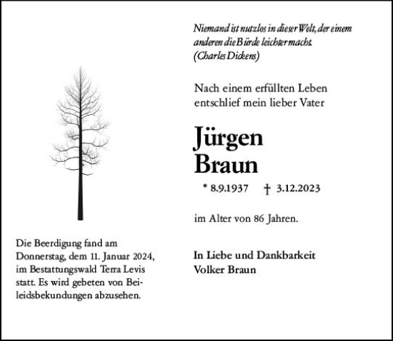 Traueranzeige von Jürgen Braun von Wiesbadener Kurier