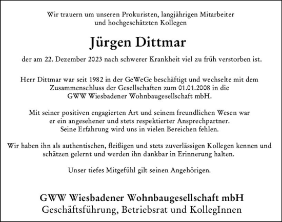 Traueranzeige von Jürgen Dittmar von Wiesbadener Kurier