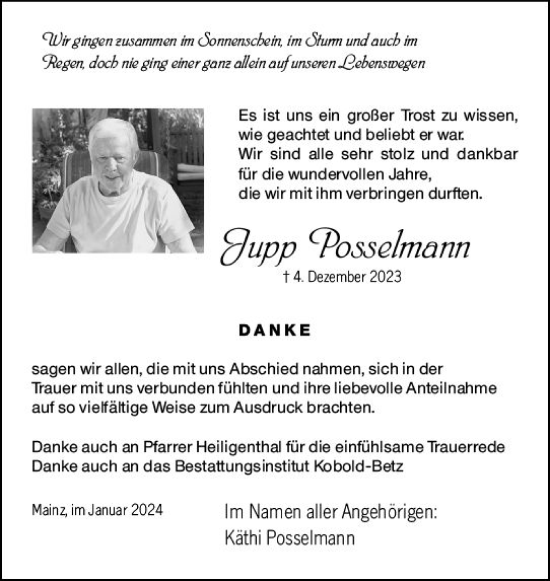 Traueranzeige von Jupp Posselmann von Allgemeine Zeitung Mainz