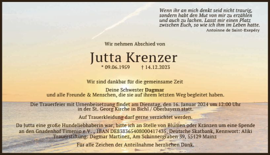 Traueranzeige von Jutta Krenzer von Allgemeine Zeitung Mainz