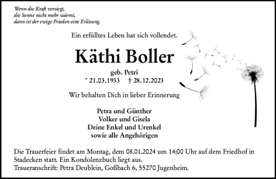 Traueranzeige von Käthi Boller von Allgemeine Zeitung Bingen/Ingelheim
