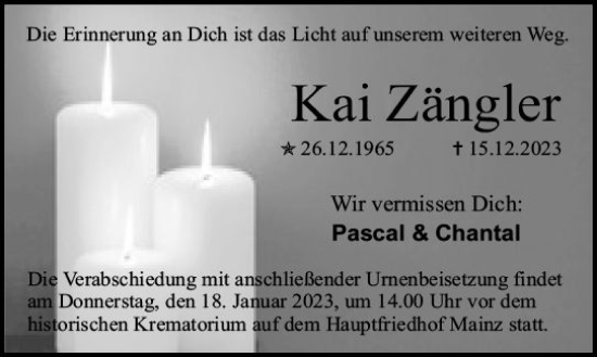 Traueranzeige von Kai Zängler von Allgemeine Zeitung Mainz