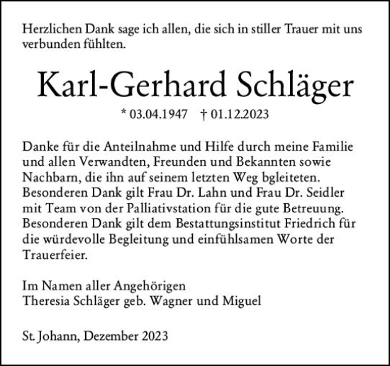 Traueranzeige von Karl-Gerhard Schläger von Allgemeine Zeitung Bingen/Ingelheim
