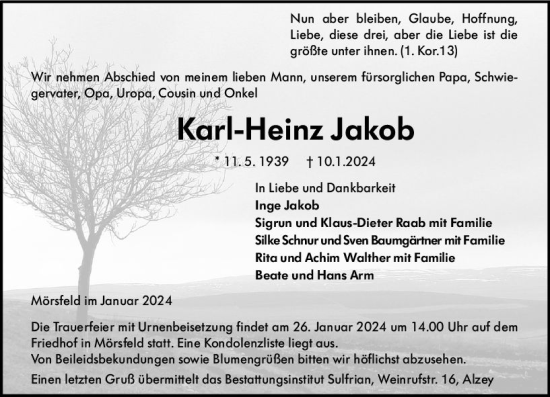 Traueranzeige von Karl-Heinz Jakob von Allgemeine Zeitung Alzey