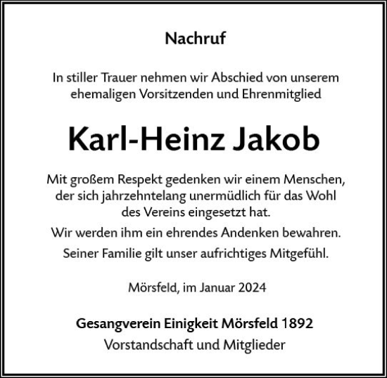 Traueranzeige von Karl-Heinz Jakob von Allgemeine Zeitung Alzey