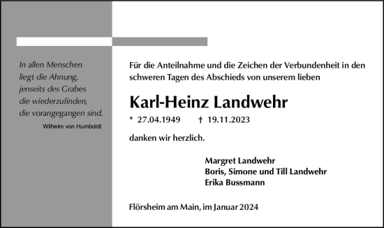 Traueranzeige von Karl-Heinz Landwehr von Rüsselsheimer Echo