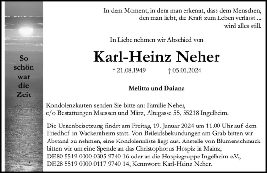 Traueranzeige von Karl-Heinz Neher von Allgemeine Zeitung Mainz