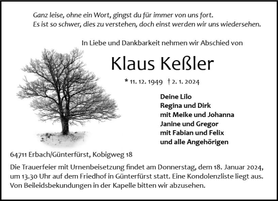 Traueranzeige von Klaus Keßler von Odenwälder Echo