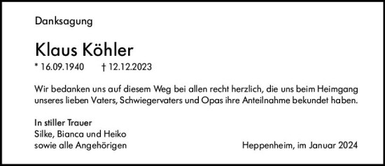 Traueranzeige von Klaus Köhler von Bergsträßer Anzeiger