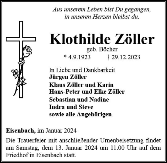 Traueranzeige von Klothilde Zöller von Camberger Anzeiger