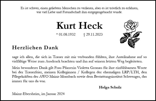 Traueranzeige von Kurt Heck von Allgemeine Zeitung Mainz