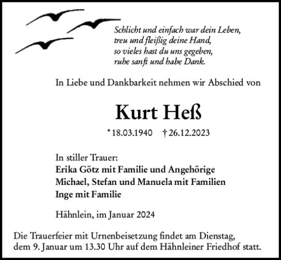Traueranzeige von Kurt Heß von Darmstädter Echo