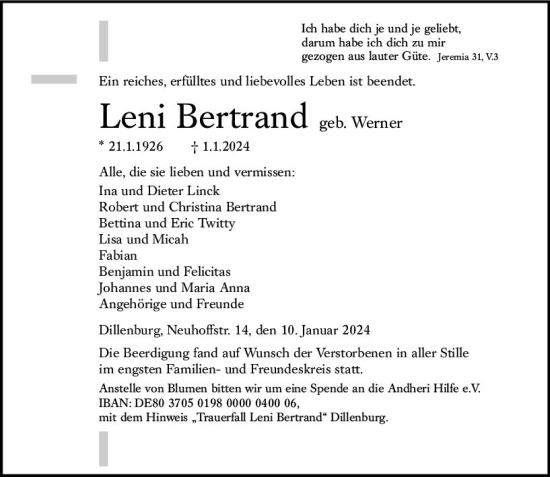 Traueranzeige von Leni Bertrand von Dill Block