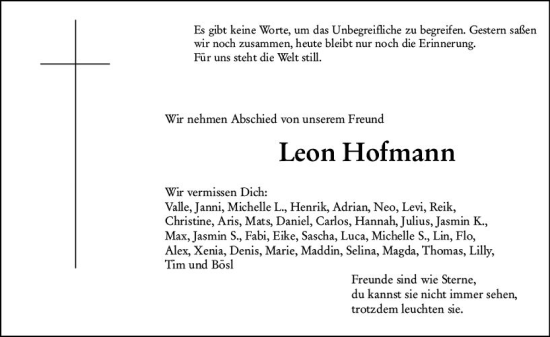 Traueranzeige von Leon Hofmann von Hinterländer Anzeiger