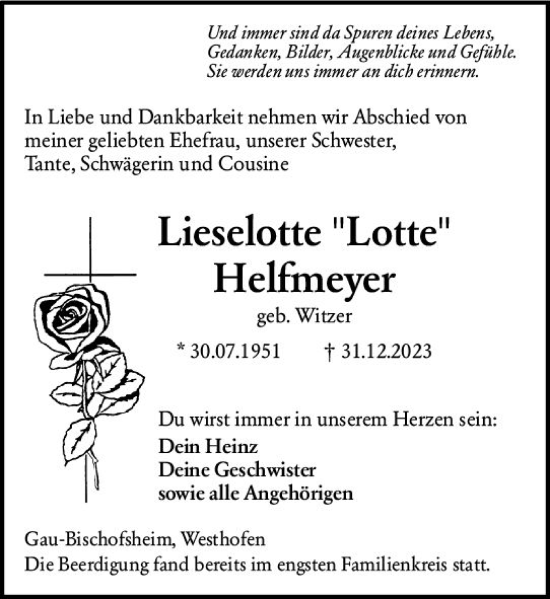 Traueranzeige von Lieselotte Helfmeyer von Allgemeine Zeitung Mainz