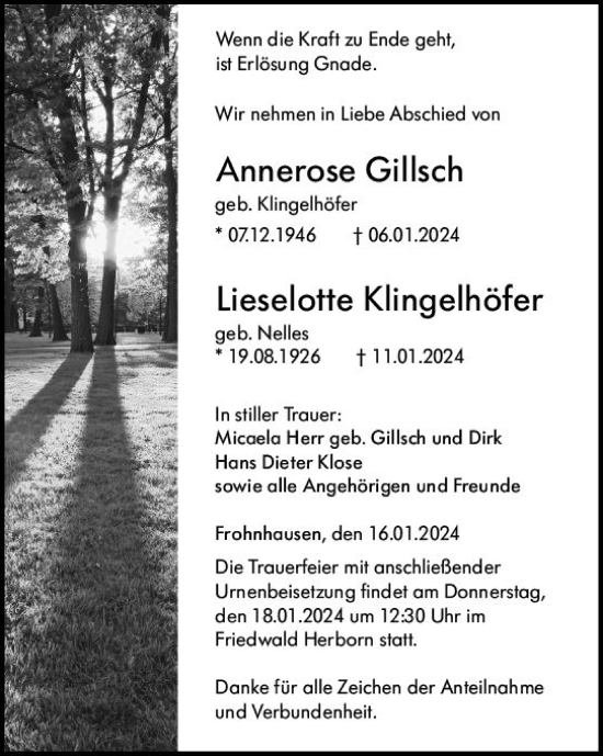Traueranzeige von Lieselotte Klingelhöfer von Dill Block