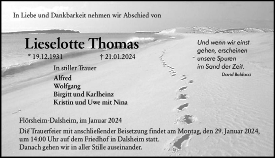 Traueranzeige von Lieselotte Thomas von Wormser Zeitung