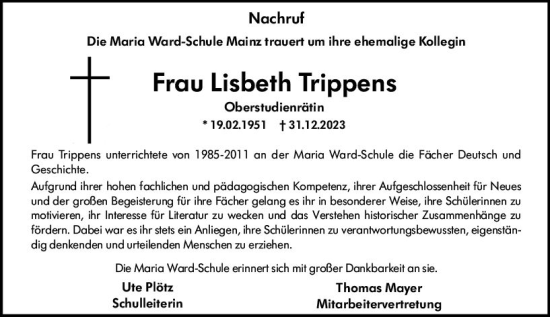 Traueranzeige von Lisbeth Trippens von Allgemeine Zeitung Mainz