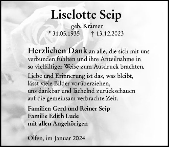 Traueranzeige von Liselotte Seip von Odenwälder Echo