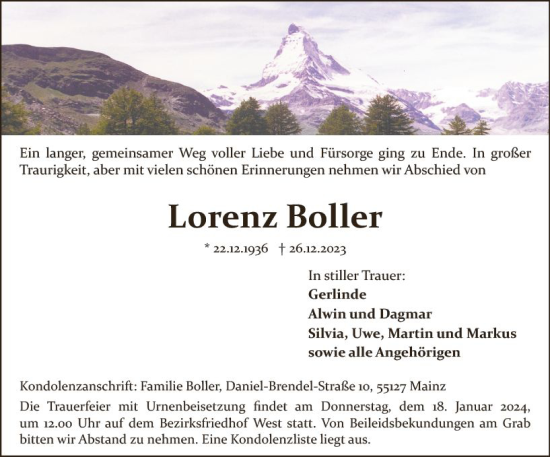 Traueranzeige von Lorenz Boiler von Allgemeine Zeitung Mainz