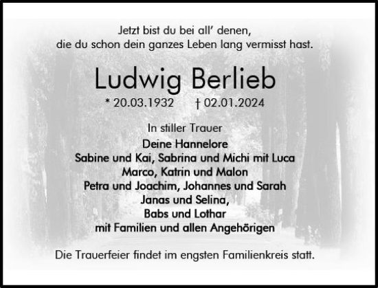 Traueranzeige von Ludwig Berlieb von Darmstädter Echo