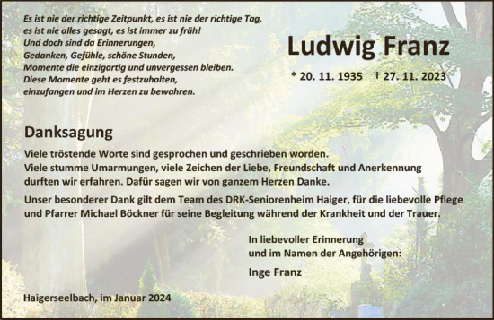 Traueranzeige von Ludwig Franz von Dill Block