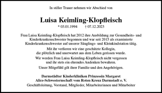 Traueranzeige von Luisa Keimling-Klopfleisch von Darmstädter Echo