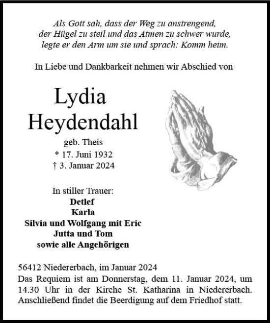 Traueranzeige von Lydia Heydendahl von Nassauische Neue Presse