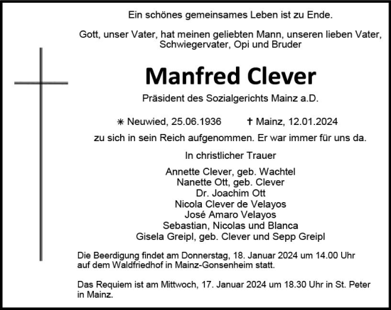 Traueranzeige von Manfred Clever von Allgemeine Zeitung Mainz