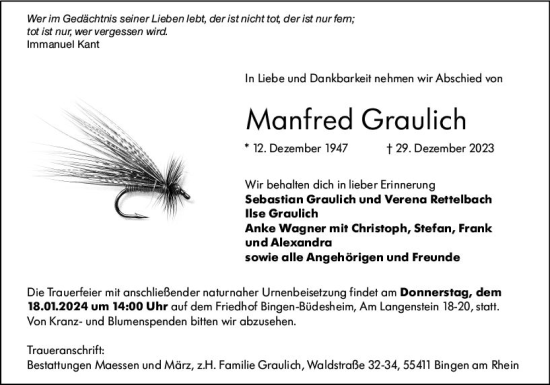 Traueranzeige von Manfred Graulich von Allgemeine Zeitung Bingen/Ingelheim